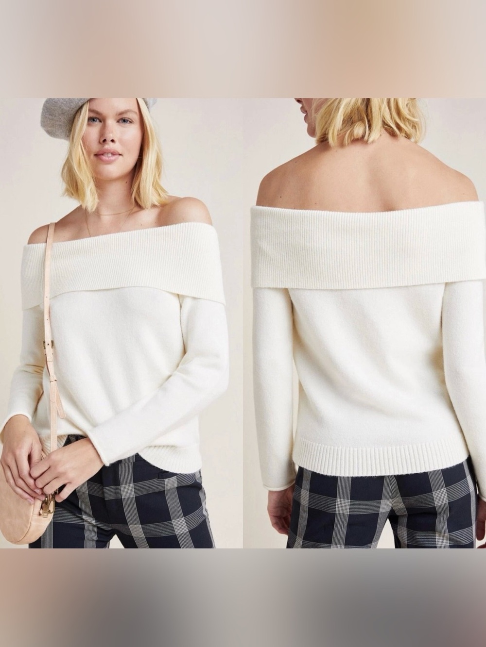 Anthropologie Cream Off-Shoulder Cream Sweater